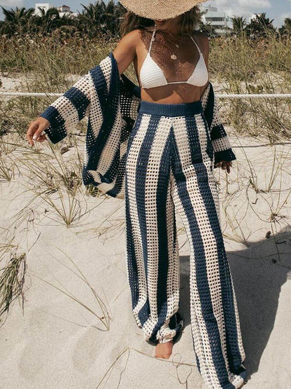 Loose V-Neck Fashion Hollow Out Striped Shirt Wide Leg Pants Set