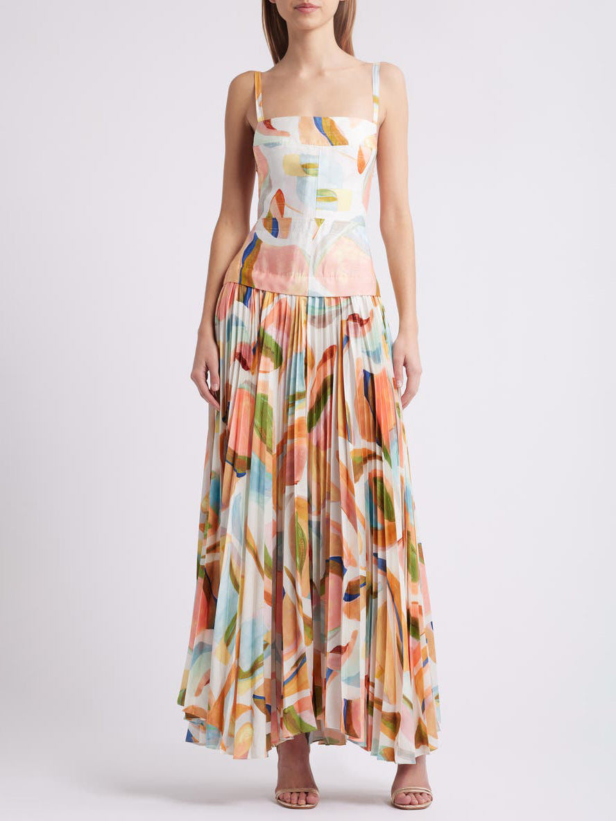 Unique Abstract Print Open Back Pleated Maxi Dress